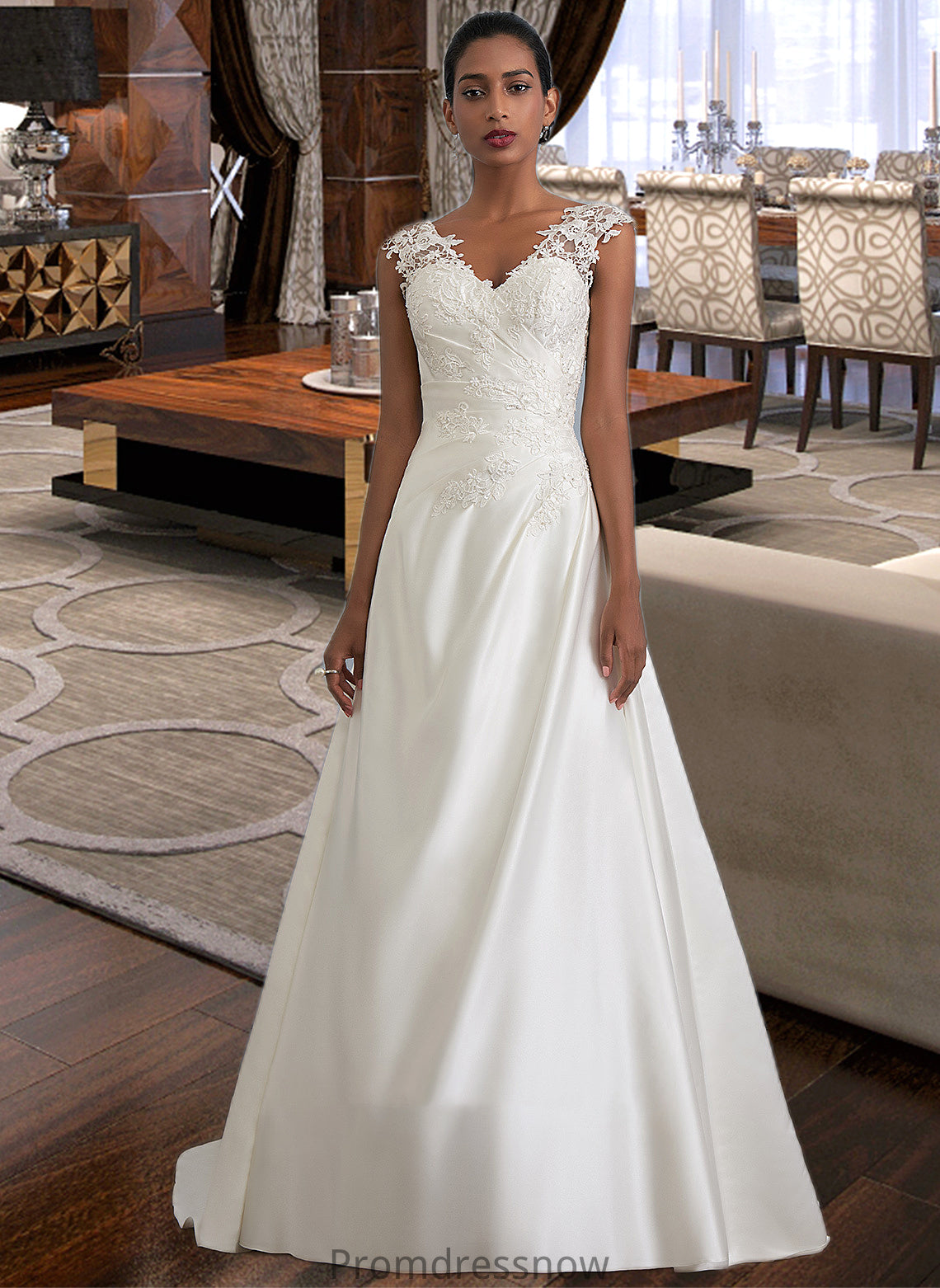 Melany Ball-Gown/Princess V-neck Sweep Train Satin Wedding Dress With Ruffle Beading Sequins HPP0013693