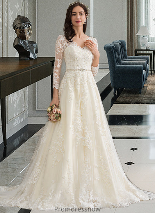 Peggie Ball-Gown/Princess V-neck Chapel Train Tulle Wedding Dress With Beading Sequins HPP0013695