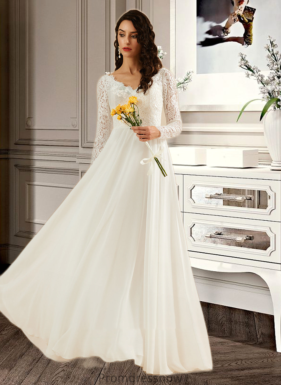 Gertie A-Line V-neck Sweep Train Wedding Dress With Lace HPP0013696