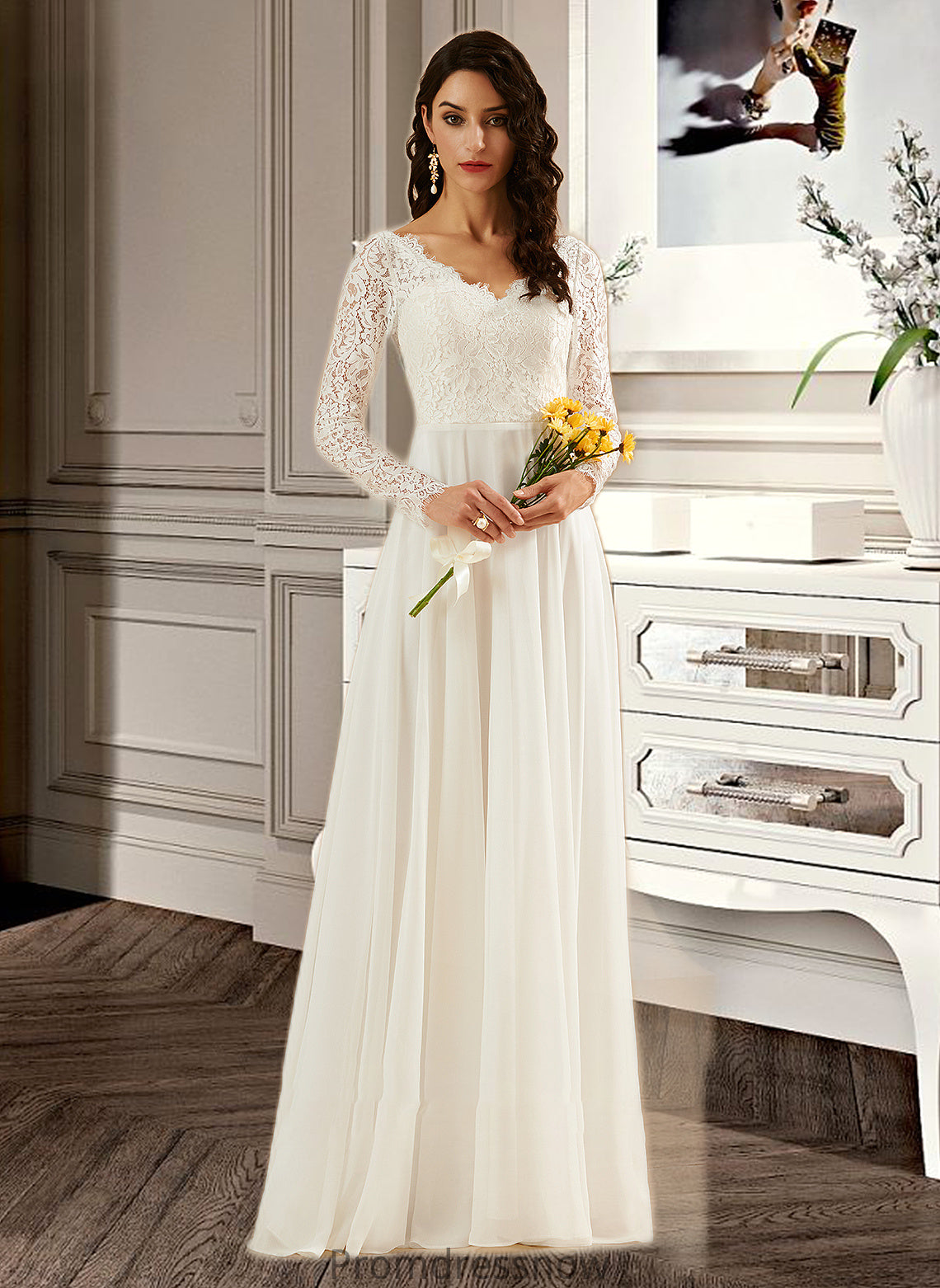 Gertie A-Line V-neck Sweep Train Wedding Dress With Lace HPP0013696