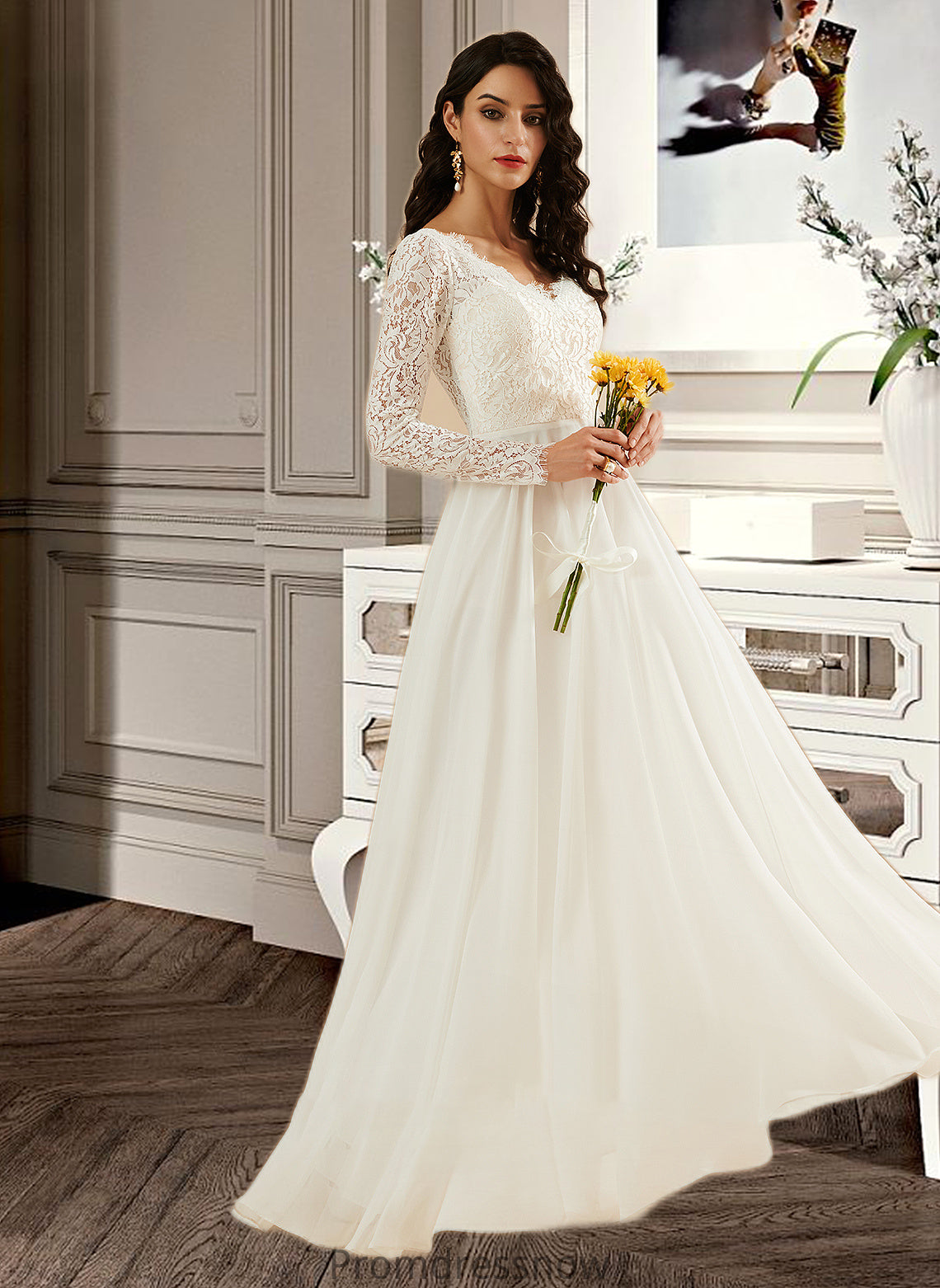 Gertie A-Line V-neck Sweep Train Wedding Dress With Lace HPP0013696