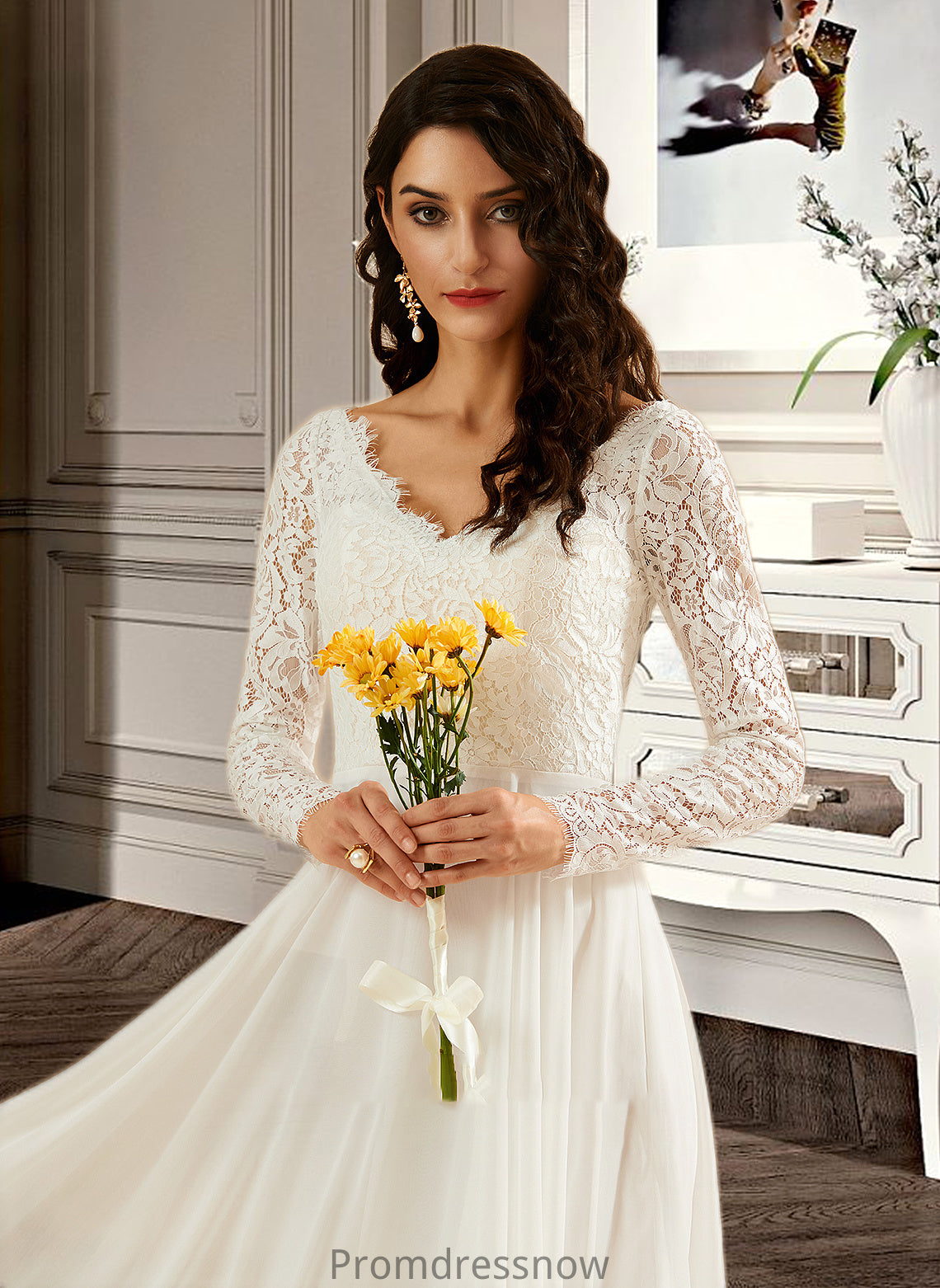 Gertie A-Line V-neck Sweep Train Wedding Dress With Lace HPP0013696