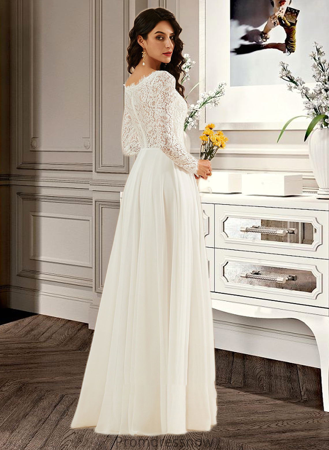 Gertie A-Line V-neck Sweep Train Wedding Dress With Lace HPP0013696