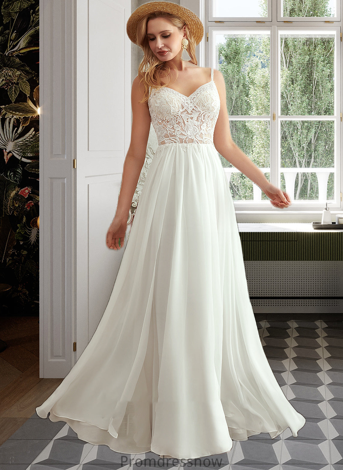 Beryl A-Line V-neck Floor-Length Wedding Dress With Beading Split Front HPP0013697