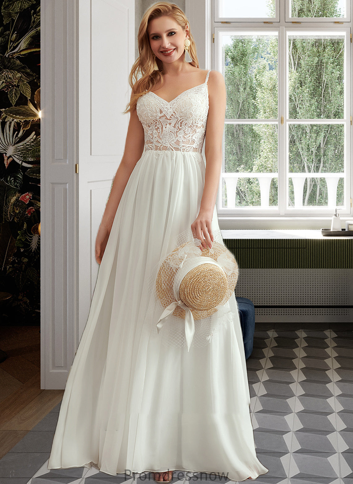 Beryl A-Line V-neck Floor-Length Wedding Dress With Beading Split Front HPP0013697