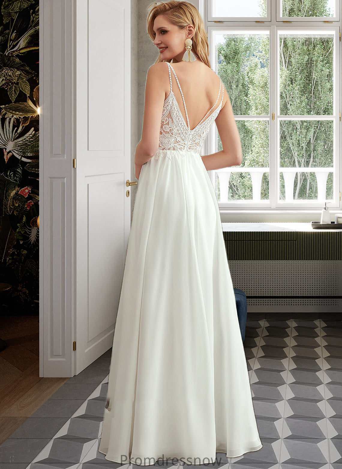 Beryl A-Line V-neck Floor-Length Wedding Dress With Beading Split Front HPP0013697