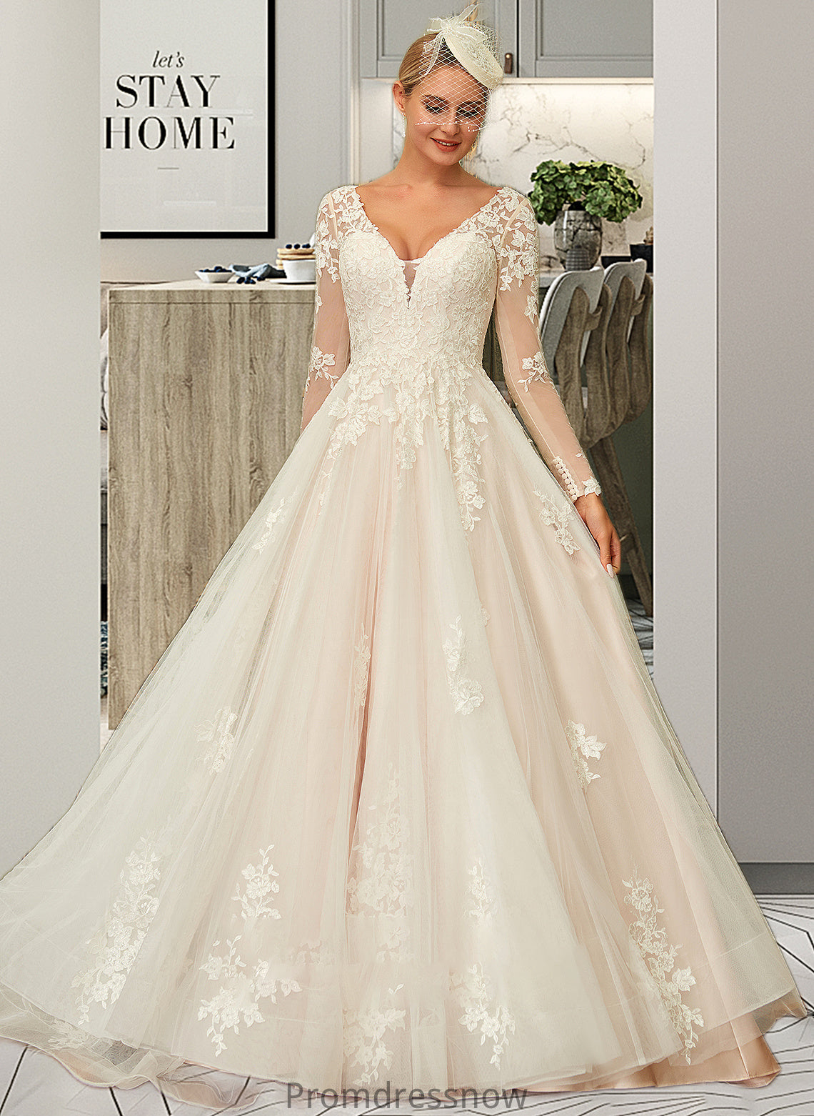 Heaven Ball-Gown/Princess V-neck Sweep Train Tulle Lace Wedding Dress HPP0013698