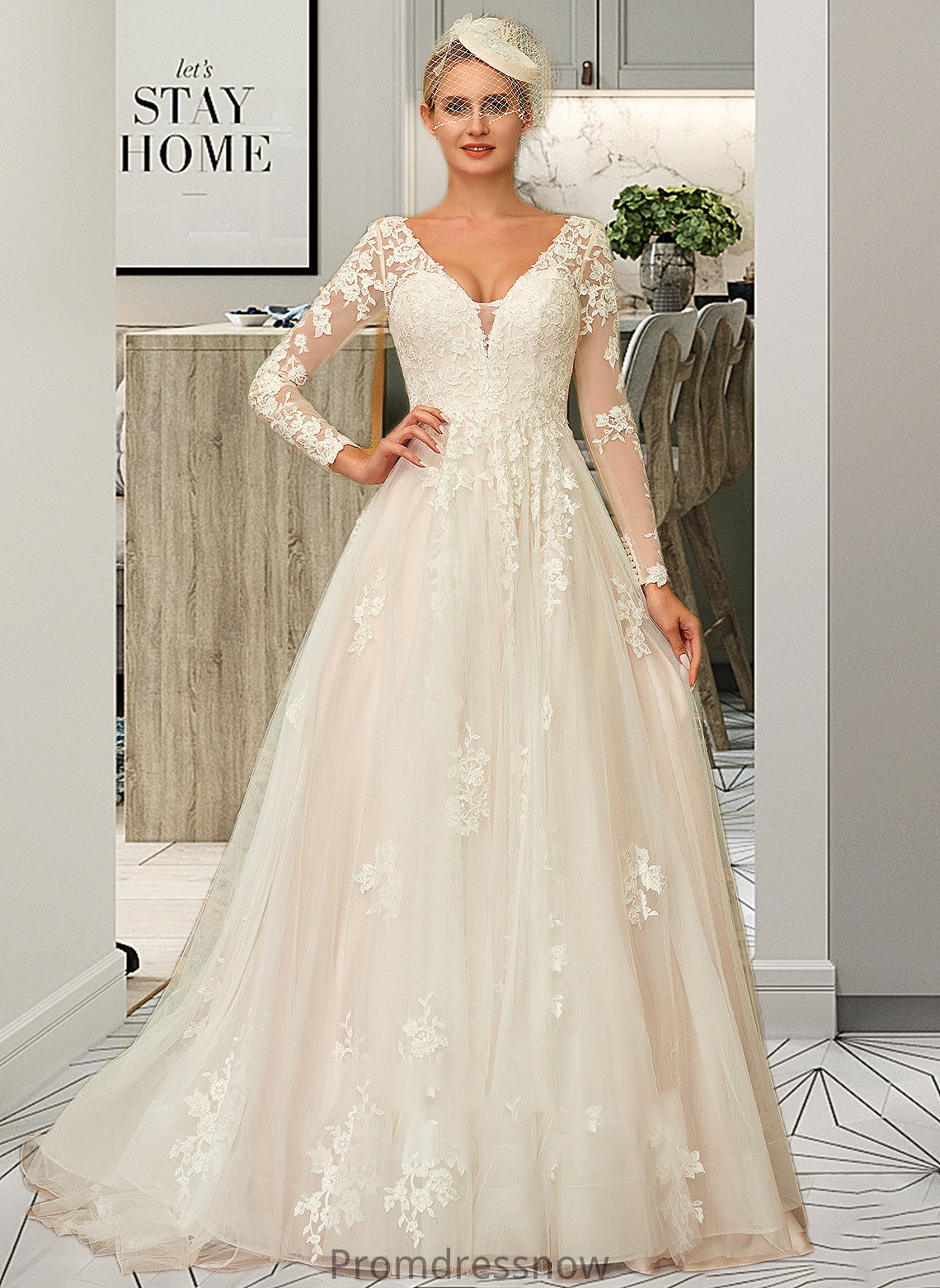 Heaven Ball-Gown/Princess V-neck Sweep Train Tulle Lace Wedding Dress HPP0013698