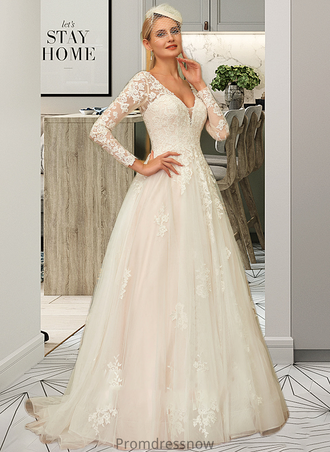 Heaven Ball-Gown/Princess V-neck Sweep Train Tulle Lace Wedding Dress HPP0013698