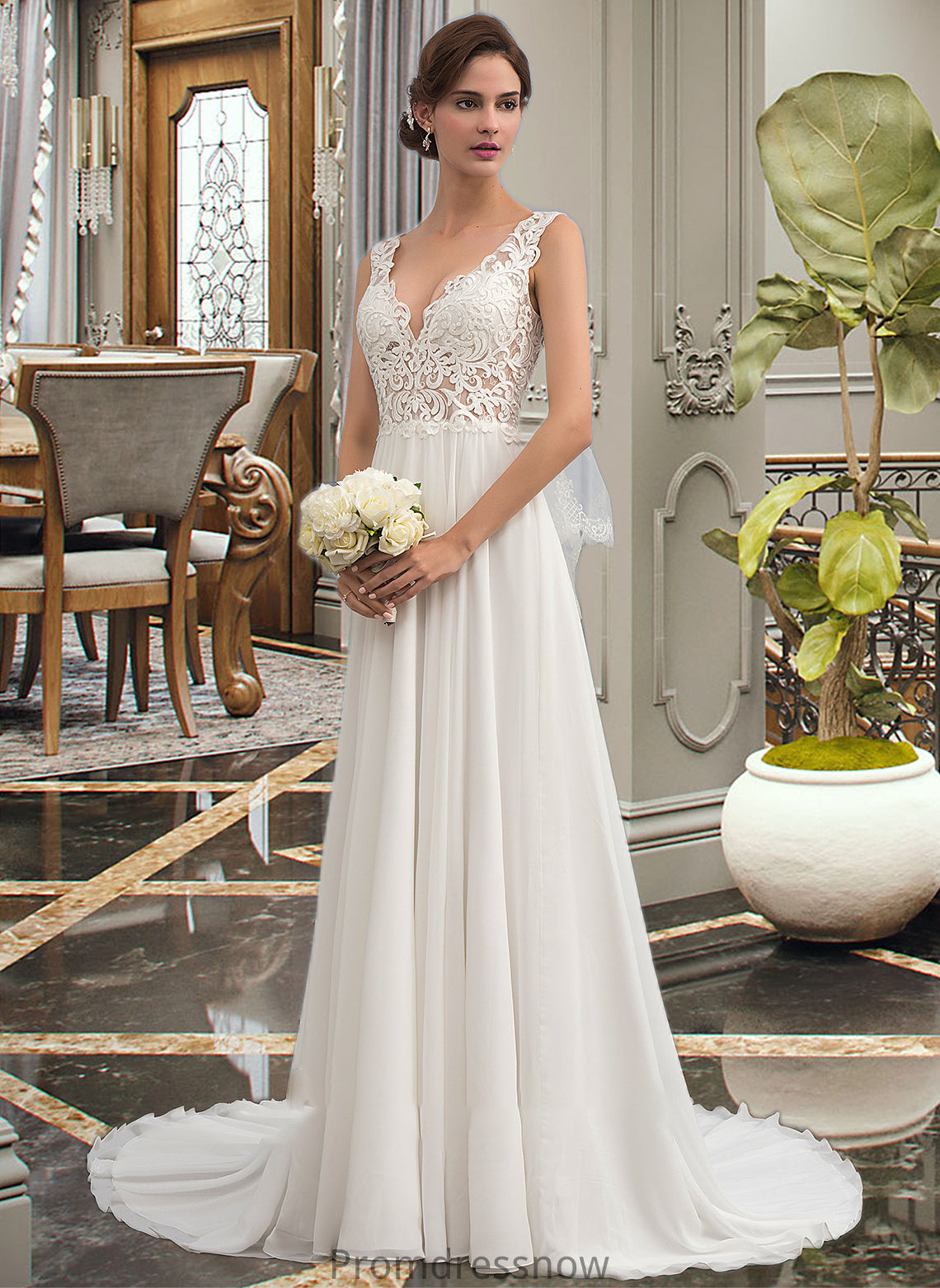 Nayeli A-Line V-neck Court Train Chiffon Wedding Dress HPP0013701