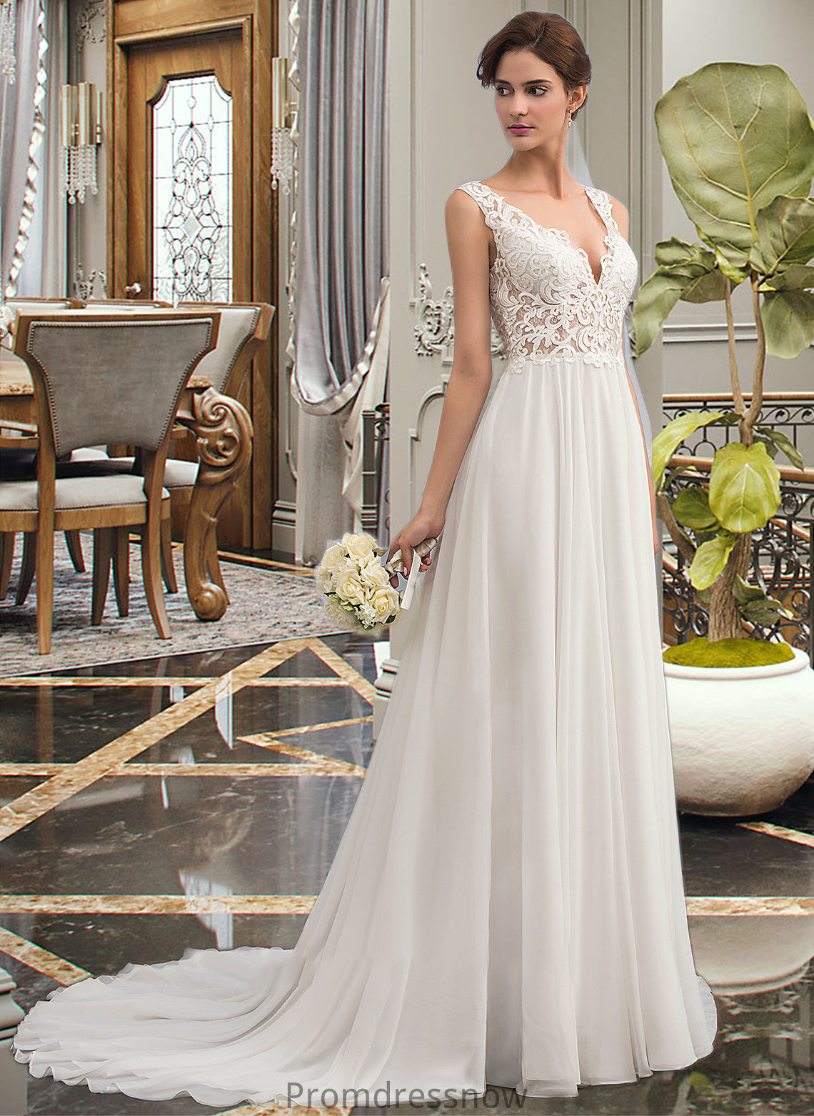 Nayeli A-Line V-neck Court Train Chiffon Wedding Dress HPP0013701