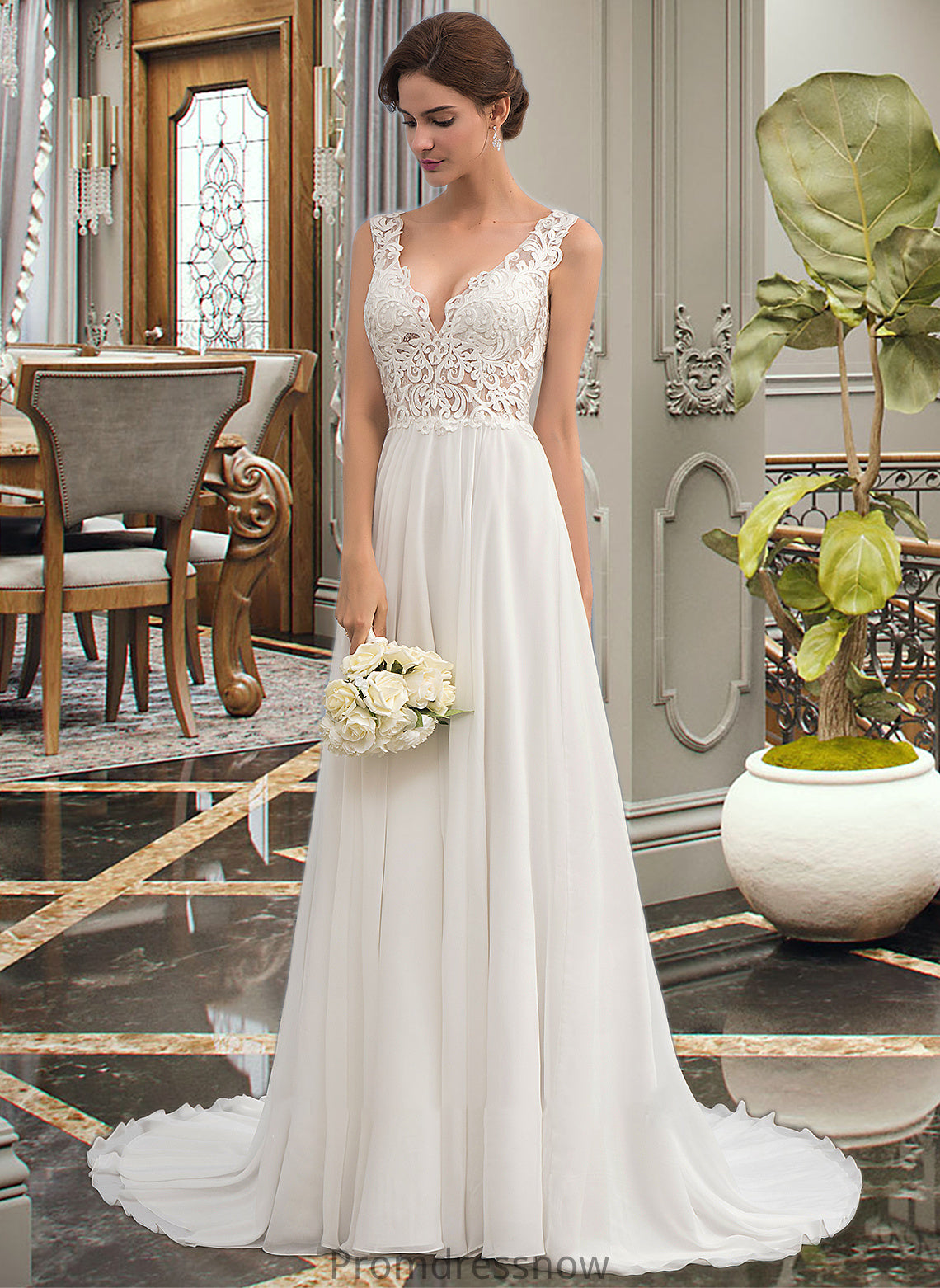 Nayeli A-Line V-neck Court Train Chiffon Wedding Dress HPP0013701