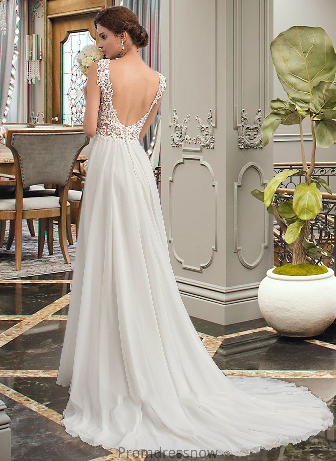 Nayeli A-Line V-neck Court Train Chiffon Wedding Dress HPP0013701