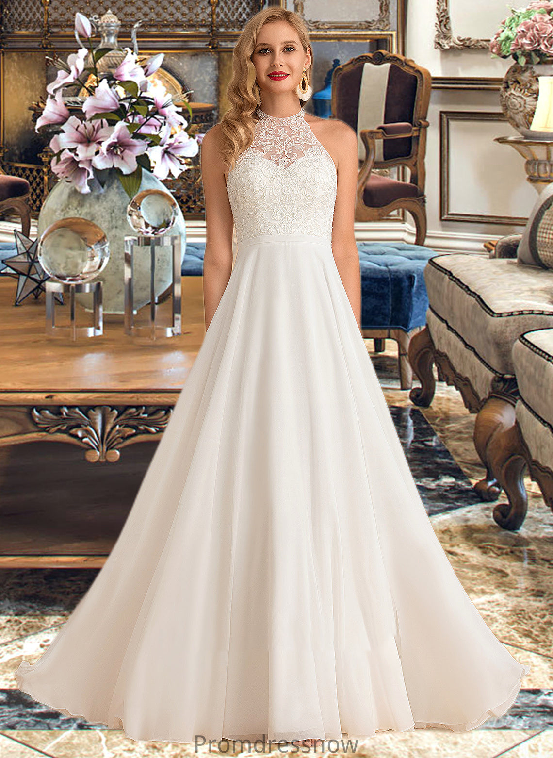 Milagros A-Line High Neck Floor-Length Chiffon Wedding Dress HPP0013702