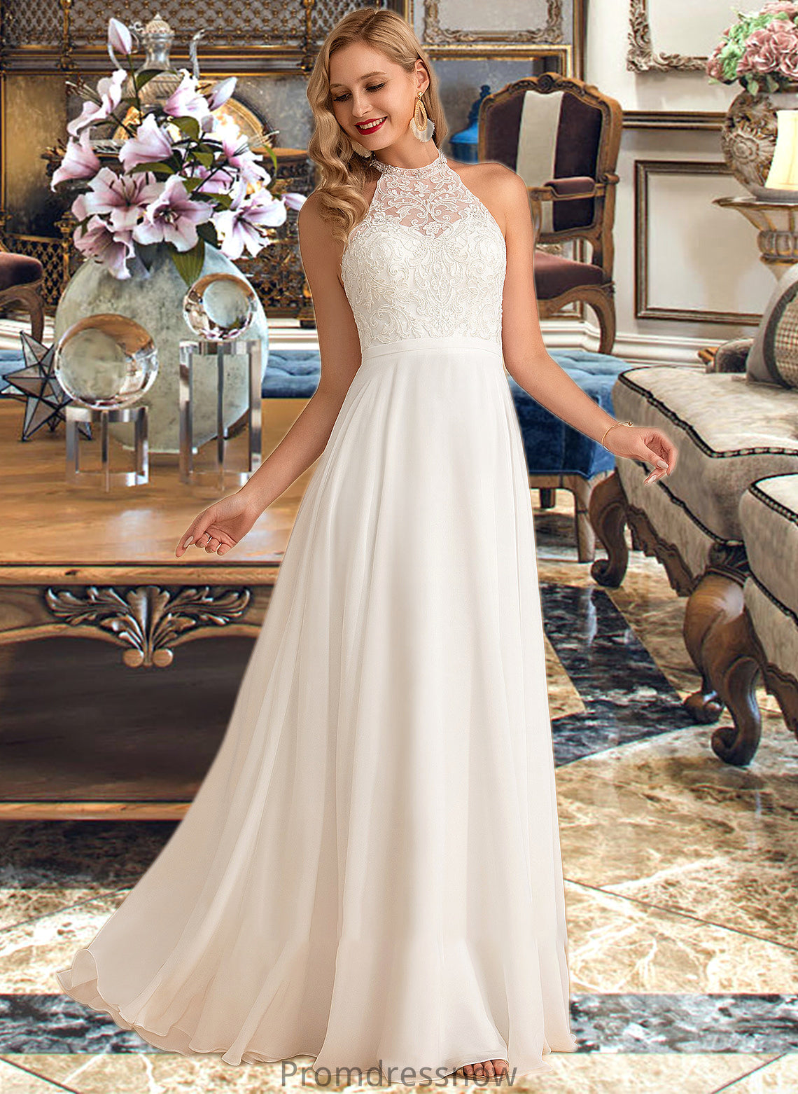 Milagros A-Line High Neck Floor-Length Chiffon Wedding Dress HPP0013702