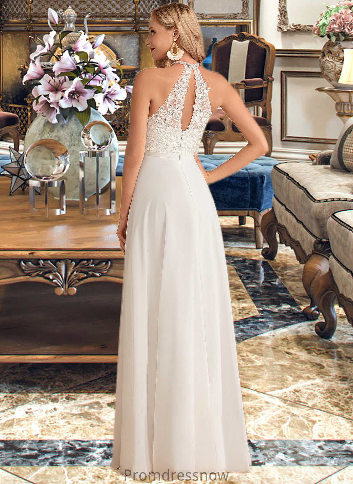 Milagros A-Line High Neck Floor-Length Chiffon Wedding Dress HPP0013702