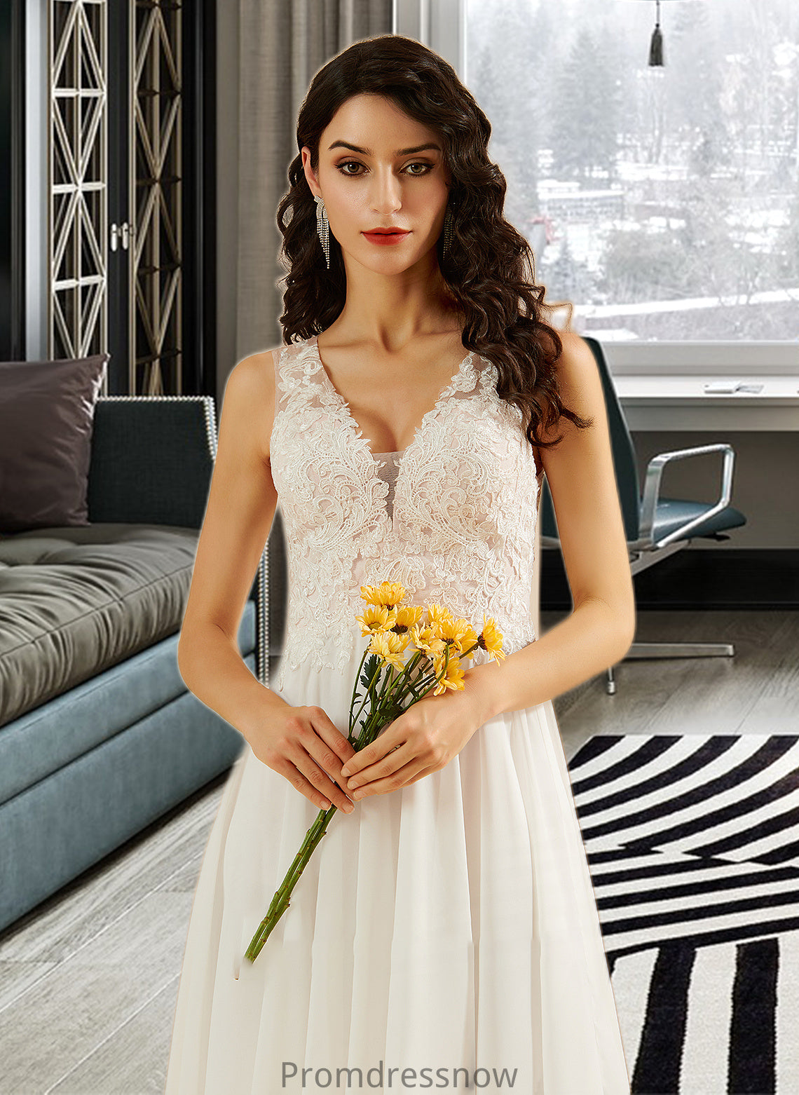 Kathleen A-Line V-neck Knee-Length Wedding Dress With Lace Sequins HPP0013703