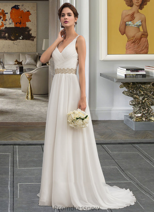 Essence A-Line V-neck Sweep Train Chiffon Wedding Dress With Ruffle Lace Beading Sequins HPP0013705