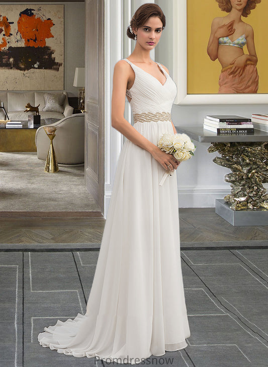 Essence A-Line V-neck Sweep Train Chiffon Wedding Dress With Ruffle Lace Beading Sequins HPP0013705