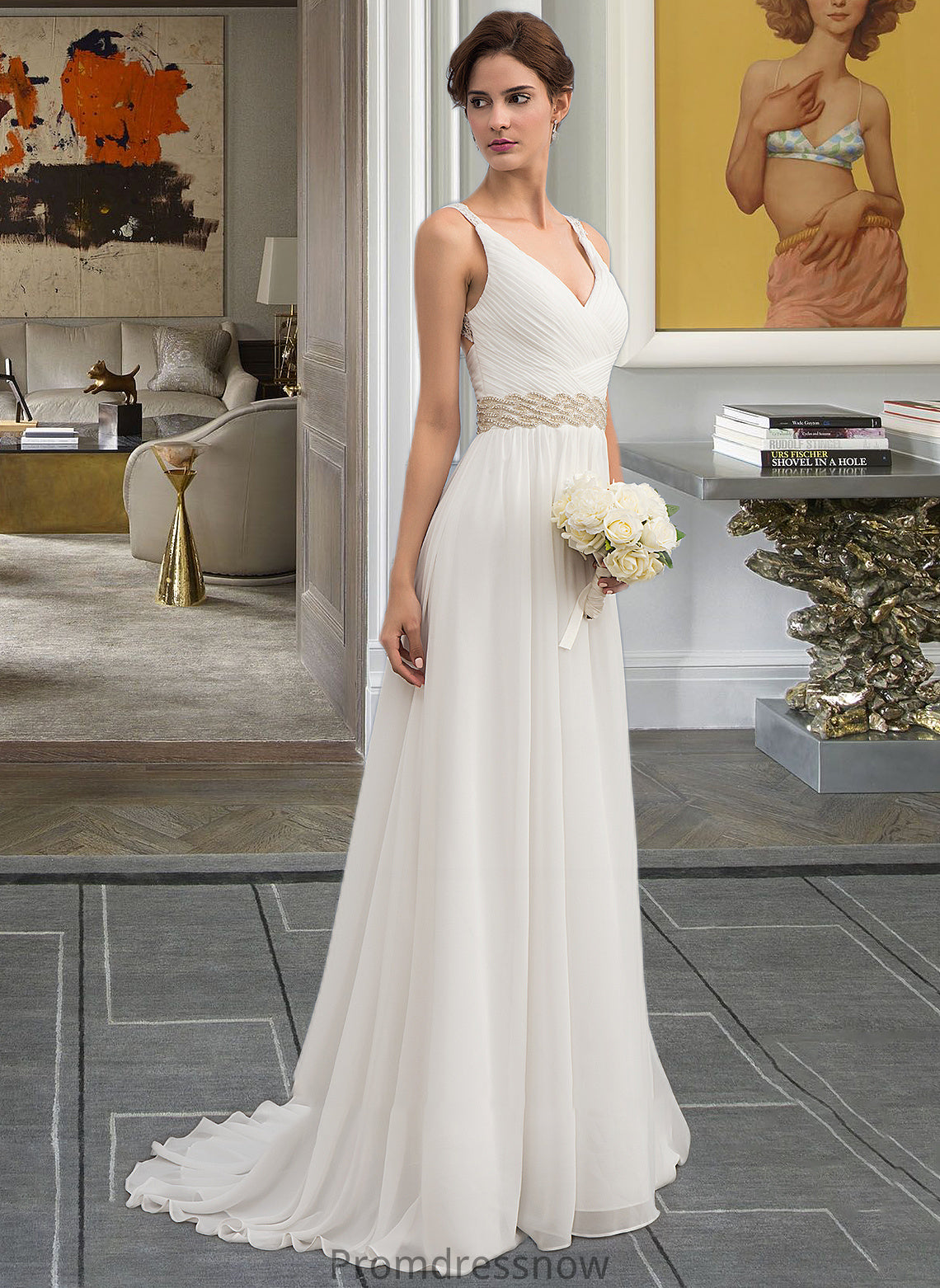 Essence A-Line V-neck Sweep Train Chiffon Wedding Dress With Ruffle Lace Beading Sequins HPP0013705