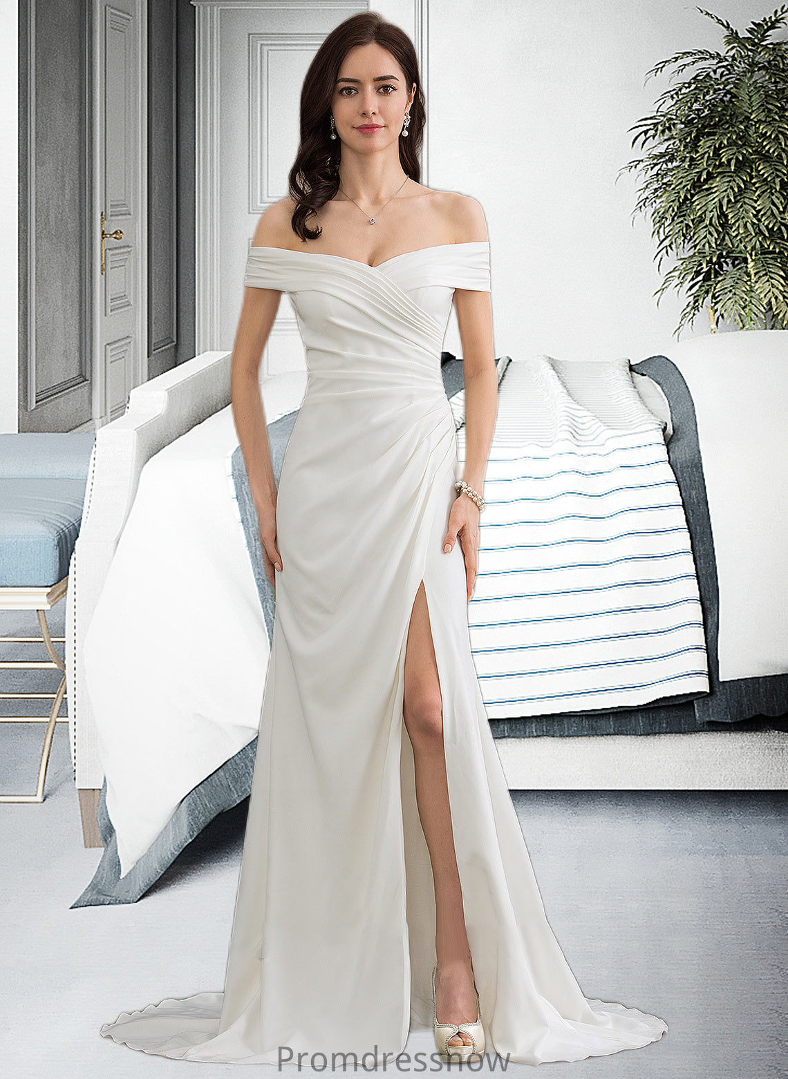 Nan Sheath/Column Off-the-Shoulder Sweep Train Stretch Crepe Wedding Dress With Ruffle Split Front HPP0013707