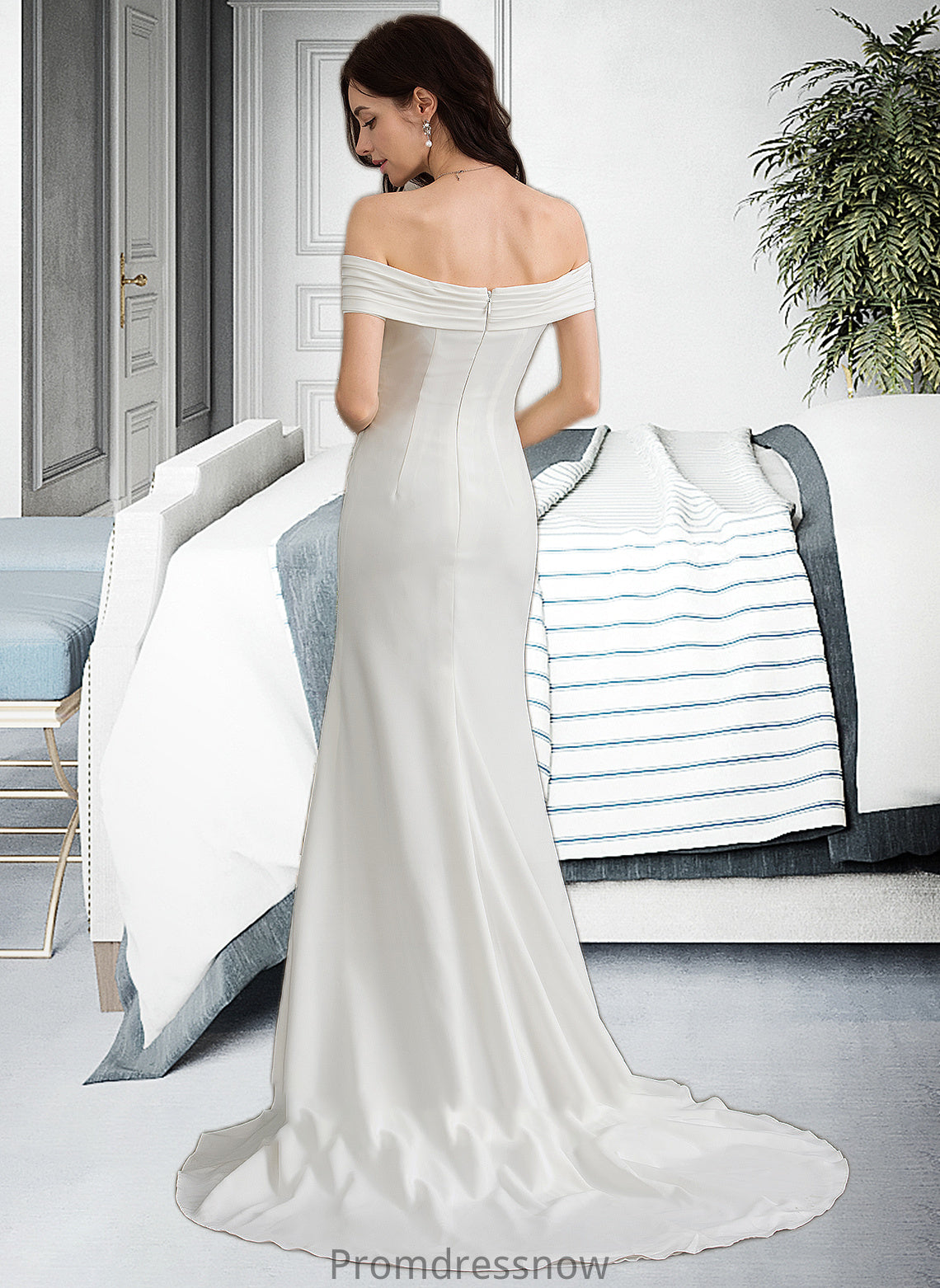 Nan Sheath/Column Off-the-Shoulder Sweep Train Stretch Crepe Wedding Dress With Ruffle Split Front HPP0013707