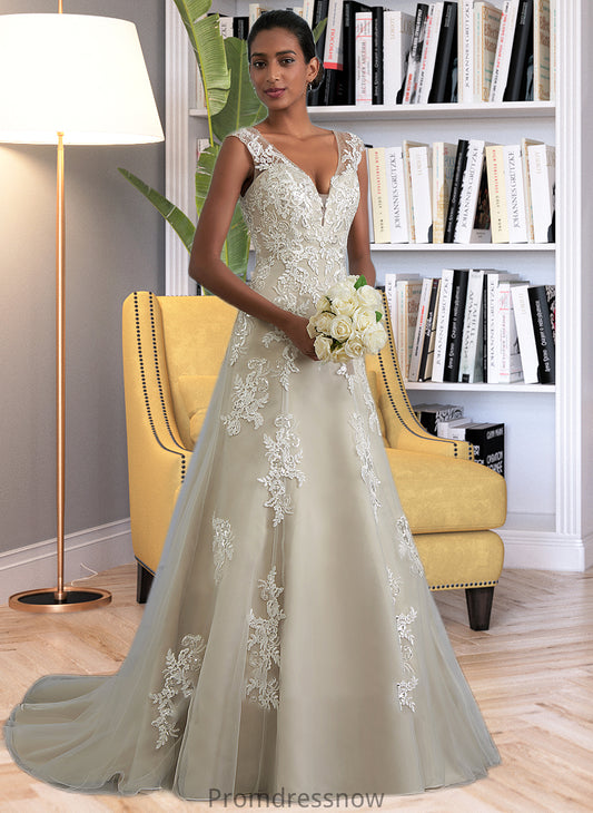 Angelique A-Line V-neck Court Train Tulle Lace Wedding Dress With Beading Sequins HPP0013709