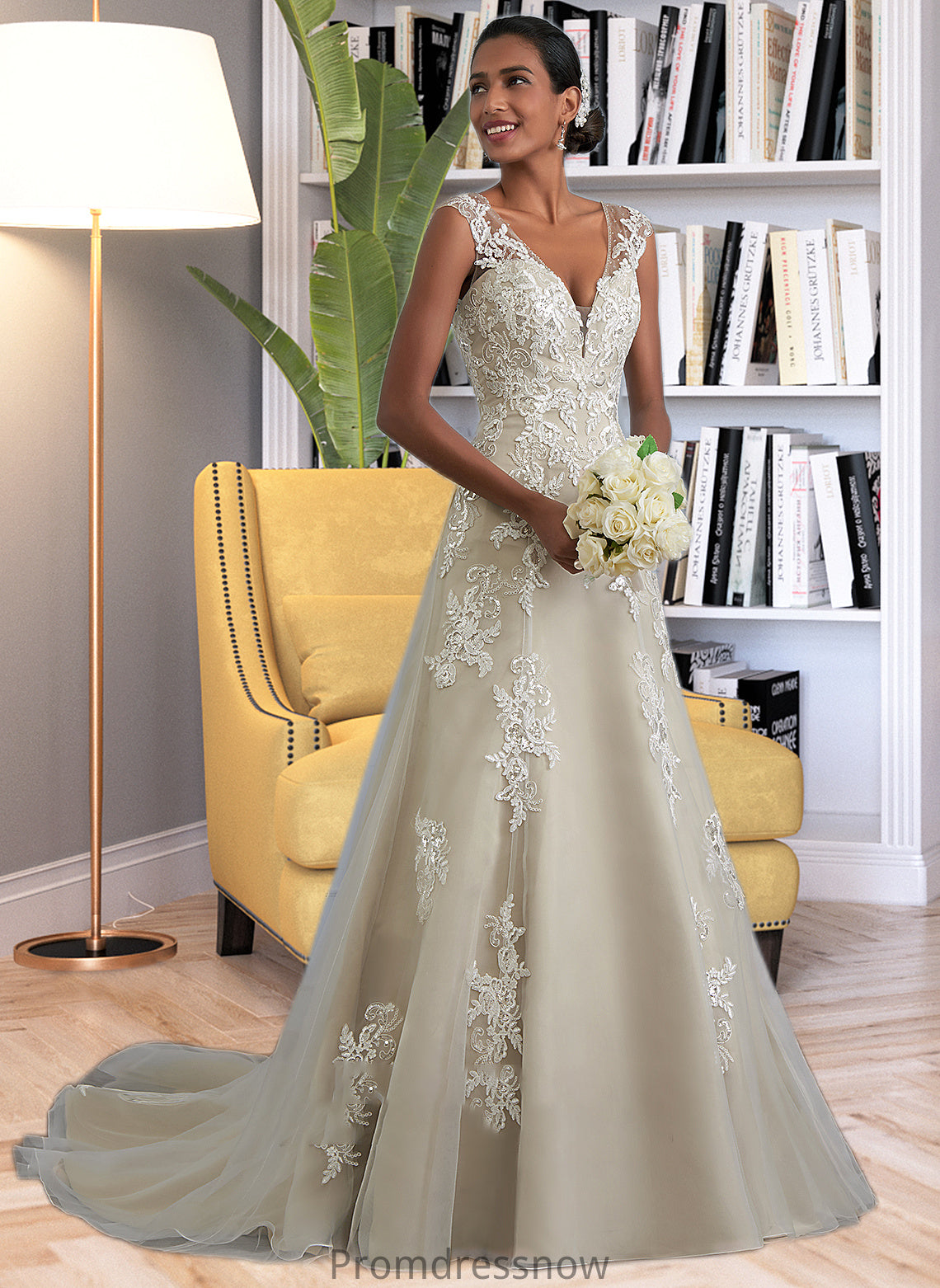 Angelique A-Line V-neck Court Train Tulle Lace Wedding Dress With Beading Sequins HPP0013709