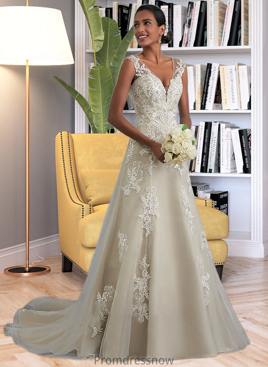 Angelique A-Line V-neck Court Train Tulle Lace Wedding Dress With Beading Sequins HPP0013709