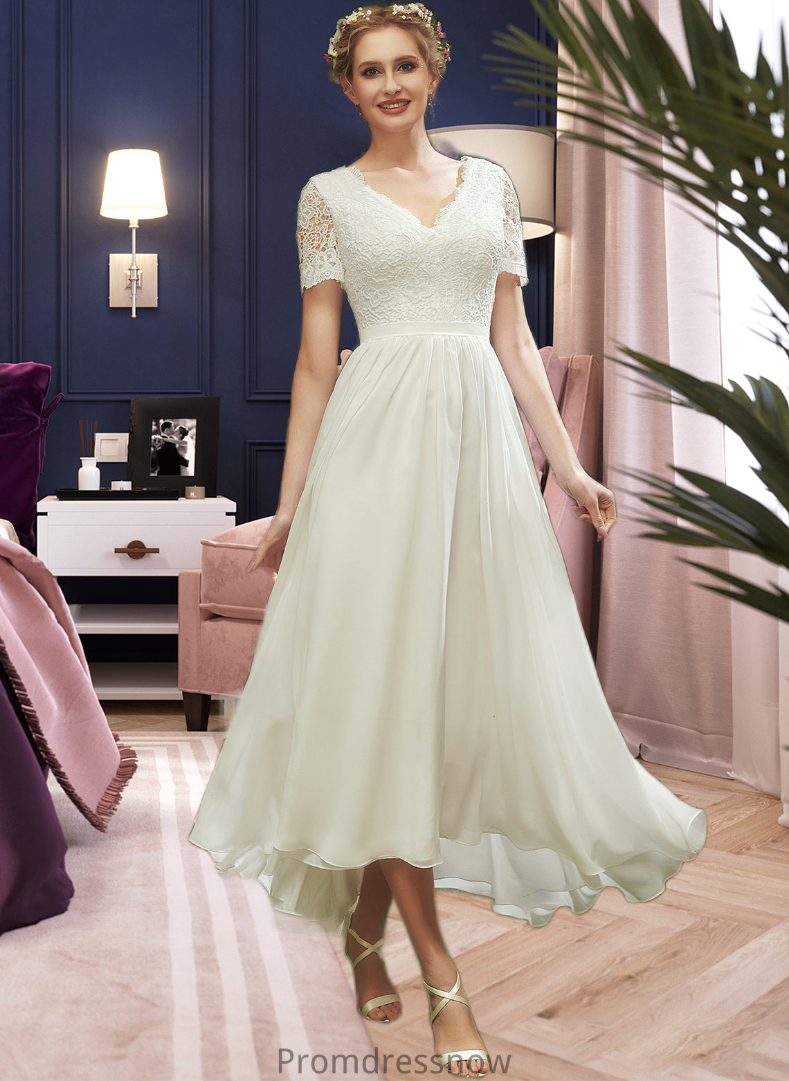 Zoey A-Line V-neck Asymmetrical Wedding Dress With Lace HPP0013712