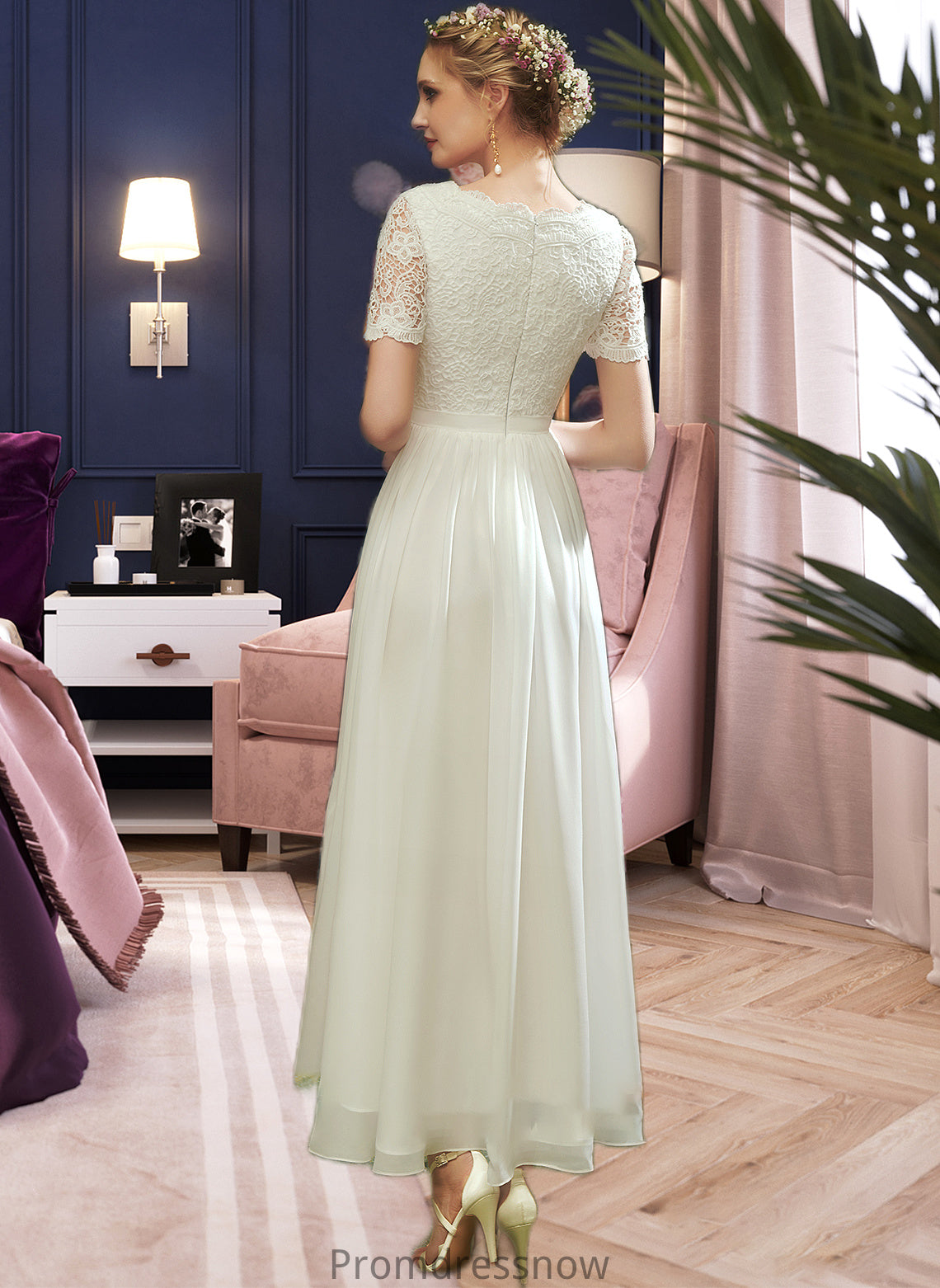 Zoey A-Line V-neck Asymmetrical Wedding Dress With Lace HPP0013712