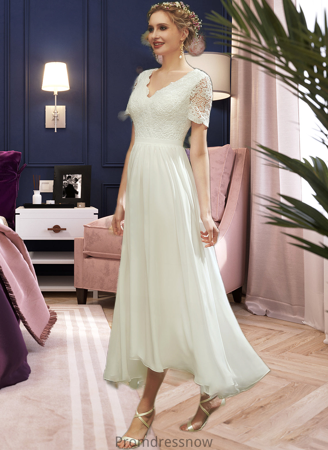 Zoey A-Line V-neck Asymmetrical Wedding Dress With Lace HPP0013712