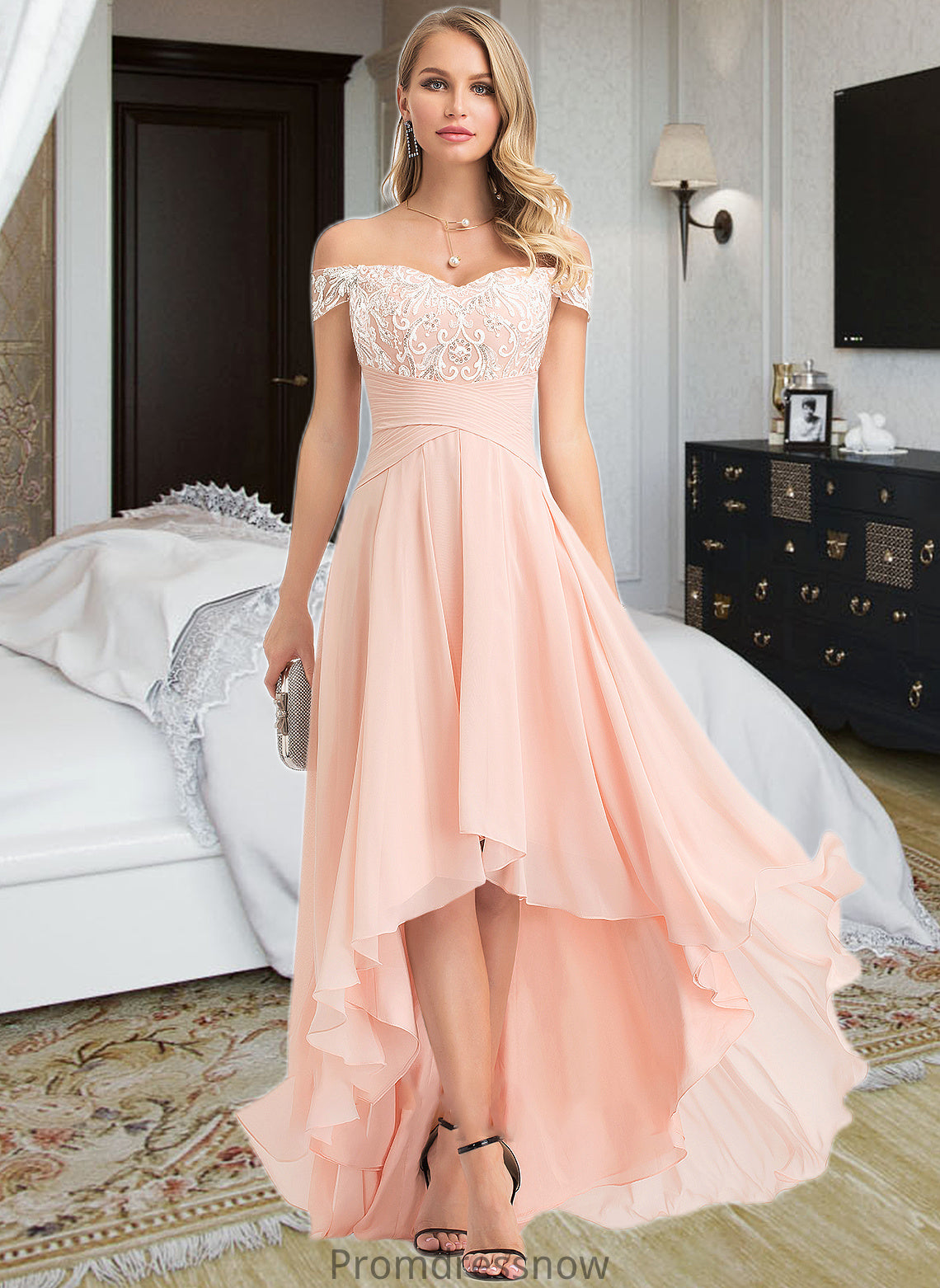 Sara A-Line Off-the-Shoulder Asymmetrical Chiffon Wedding Dress With Sequins HPP0013713