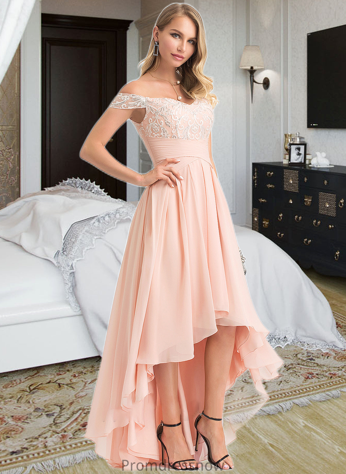 Sara A-Line Off-the-Shoulder Asymmetrical Chiffon Wedding Dress With Sequins HPP0013713