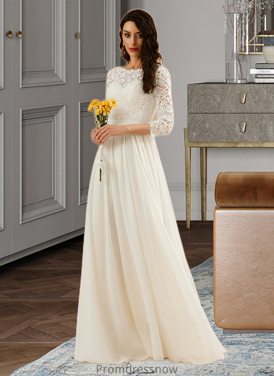 Everly A-Line Sweep Train Wedding Dress With Lace HPP0013715