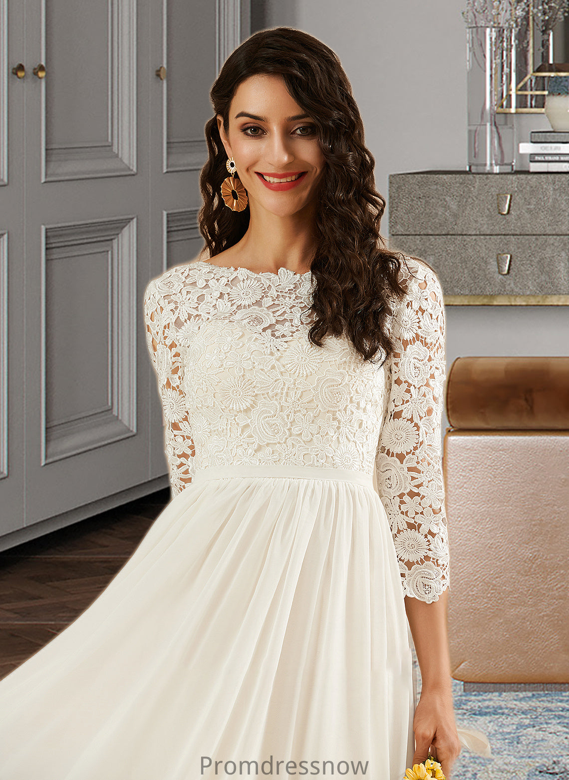 Everly A-Line Sweep Train Wedding Dress With Lace HPP0013715