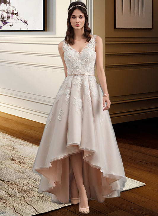 Emery A-Line V-neck Asymmetrical Tulle Lace Wedding Dress With Bow(s) HPP0013717