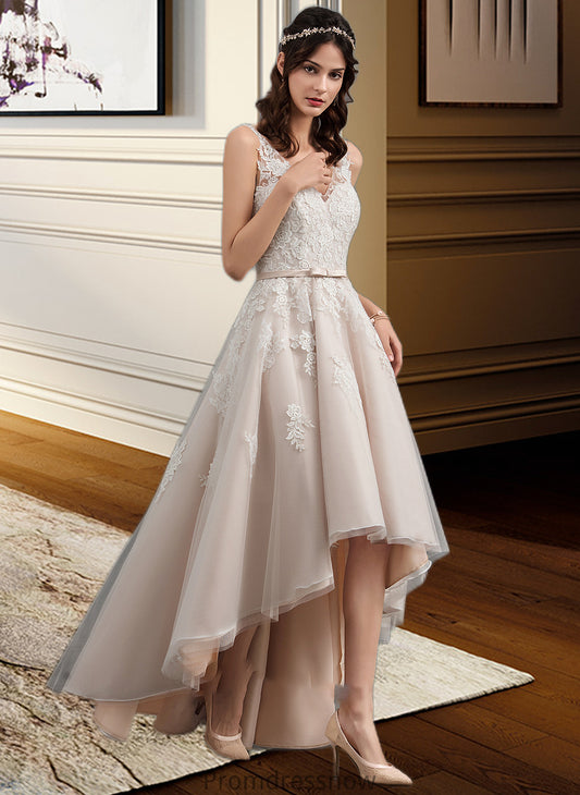 Emery A-Line V-neck Asymmetrical Tulle Lace Wedding Dress With Bow(s) HPP0013717