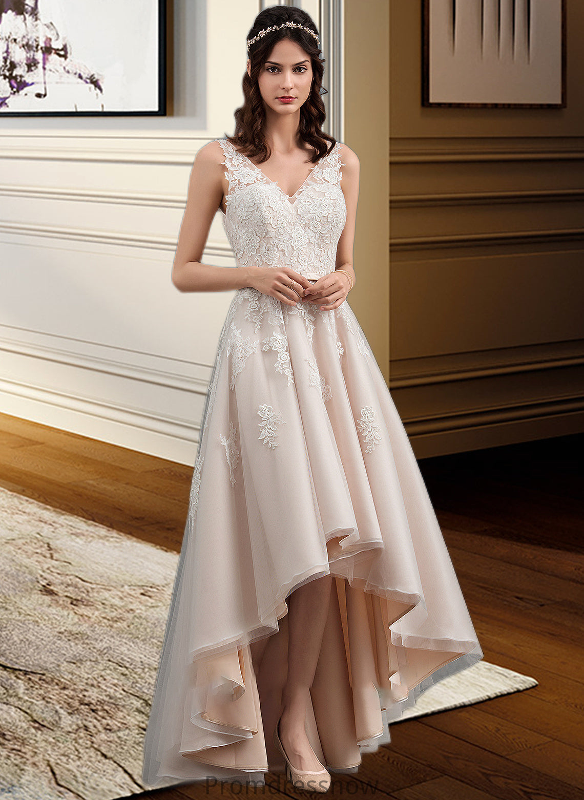 Emery A-Line V-neck Asymmetrical Tulle Lace Wedding Dress With Bow(s) HPP0013717