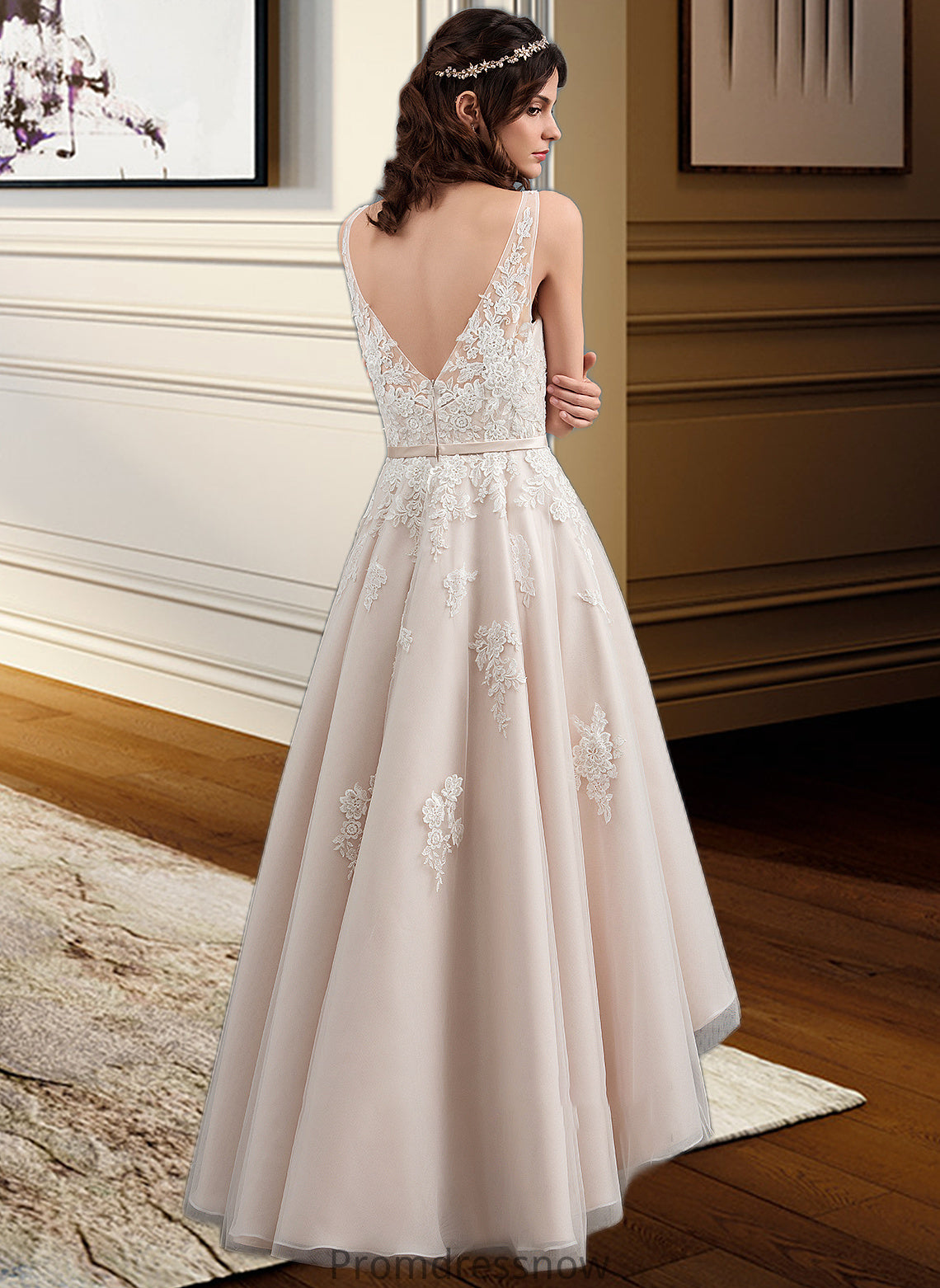 Emery A-Line V-neck Asymmetrical Tulle Lace Wedding Dress With Bow(s) HPP0013717