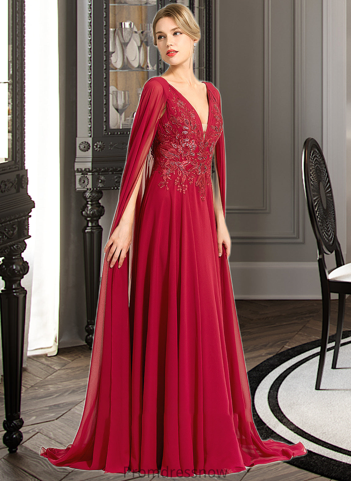 Layla A-Line V-neck Floor-Length Chiffon Wedding Dress With Sequins HPP0013718