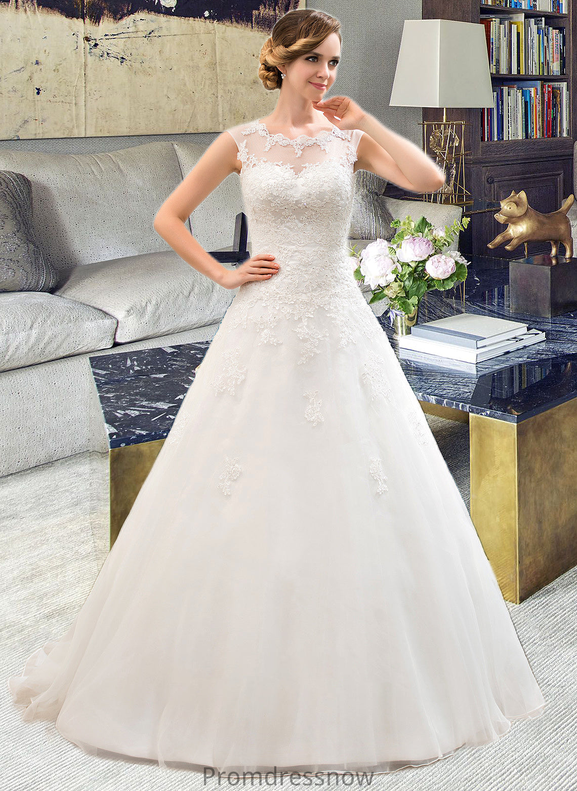 Leticia Ball-Gown/Princess Illusion Sweep Train Organza Tulle Wedding Dress With Beading Sequins HPP0013719