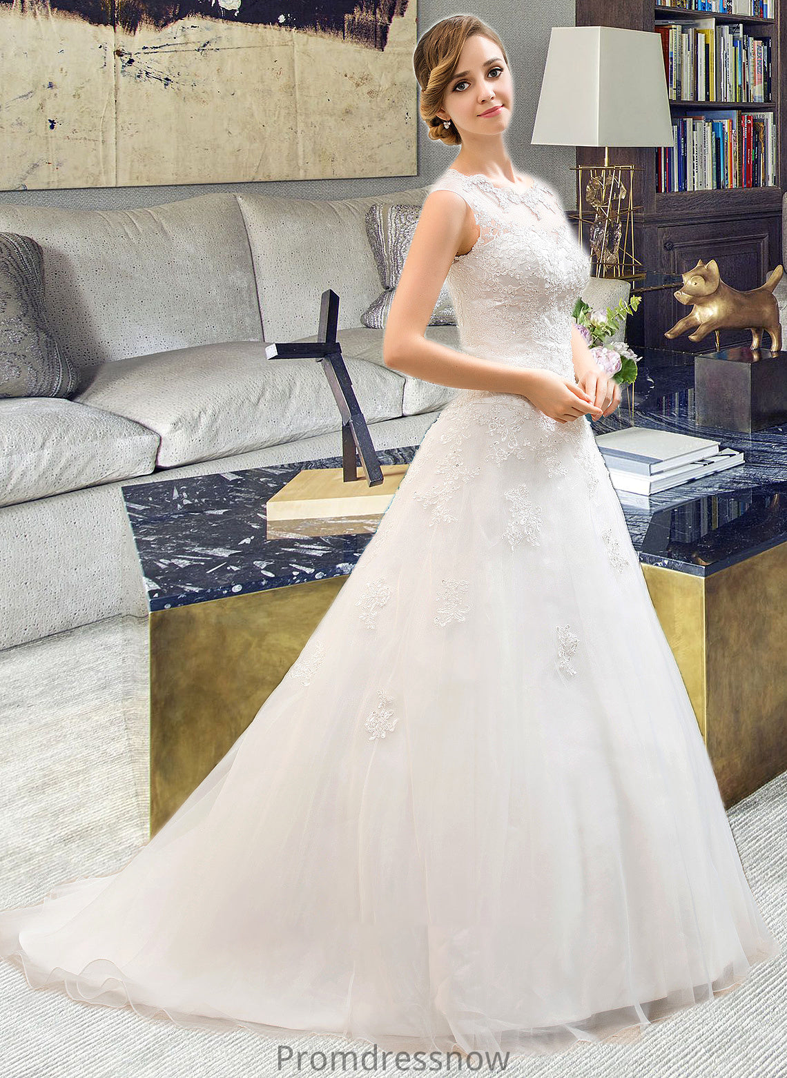 Leticia Ball-Gown/Princess Illusion Sweep Train Organza Tulle Wedding Dress With Beading Sequins HPP0013719