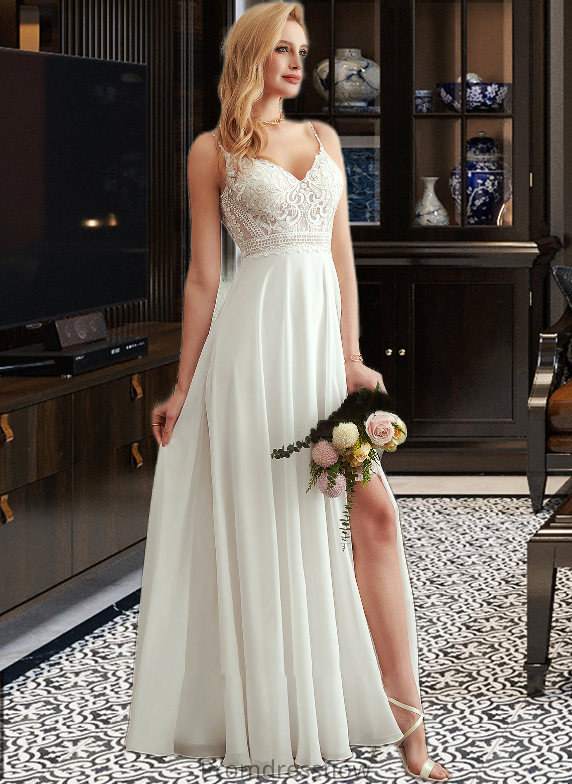 Liberty A-Line V-neck Floor-Length Wedding Dress With Split Front HPP0013721