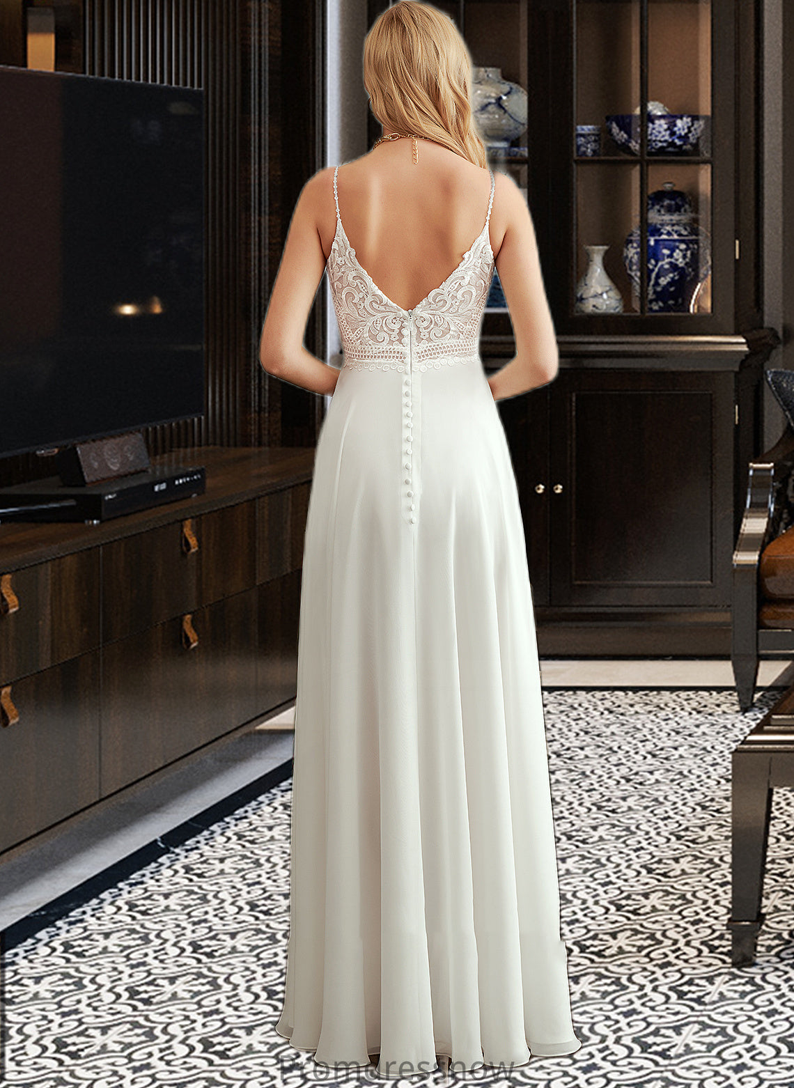 Liberty A-Line V-neck Floor-Length Wedding Dress With Split Front HPP0013721