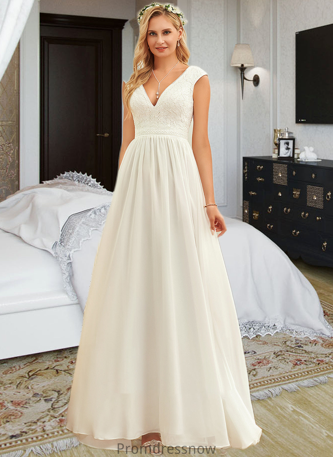 Janice A-Line V-neck Floor-Length Chiffon Lace Wedding Dress HPP0013722