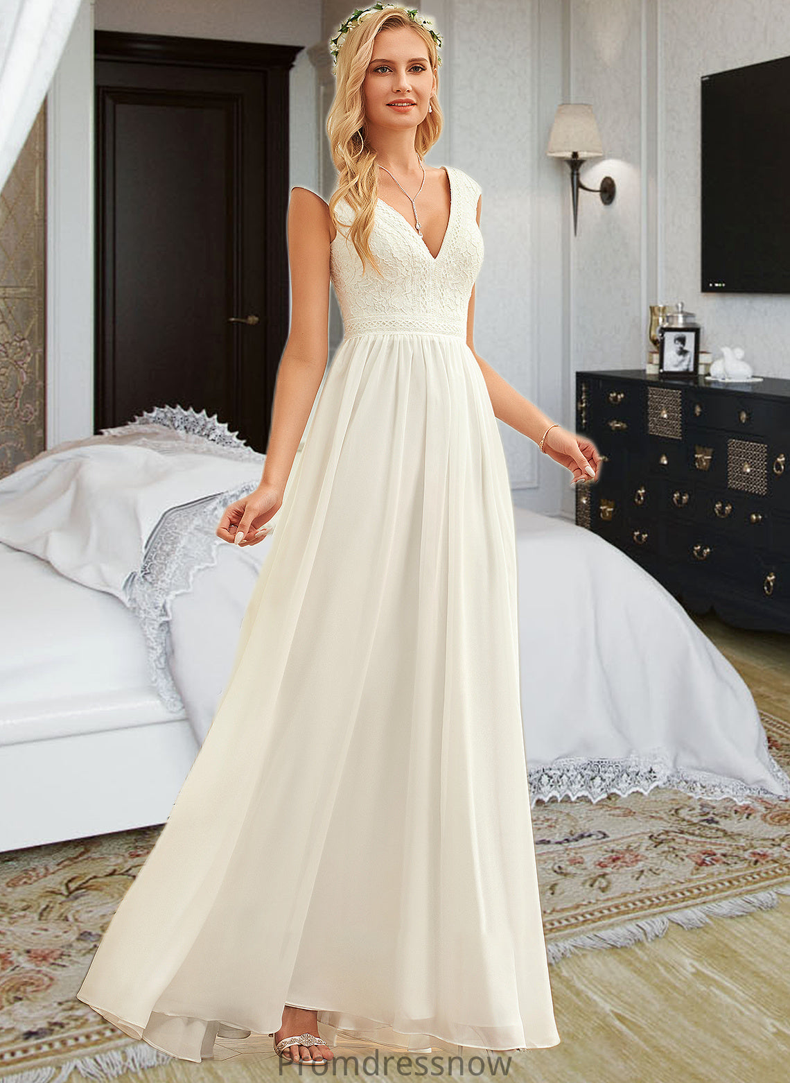 Janice A-Line V-neck Floor-Length Chiffon Lace Wedding Dress HPP0013722