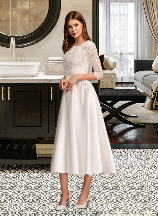 Azaria A-Line Scoop Neck Tea-Length Wedding Dress With Pockets HPP0013723