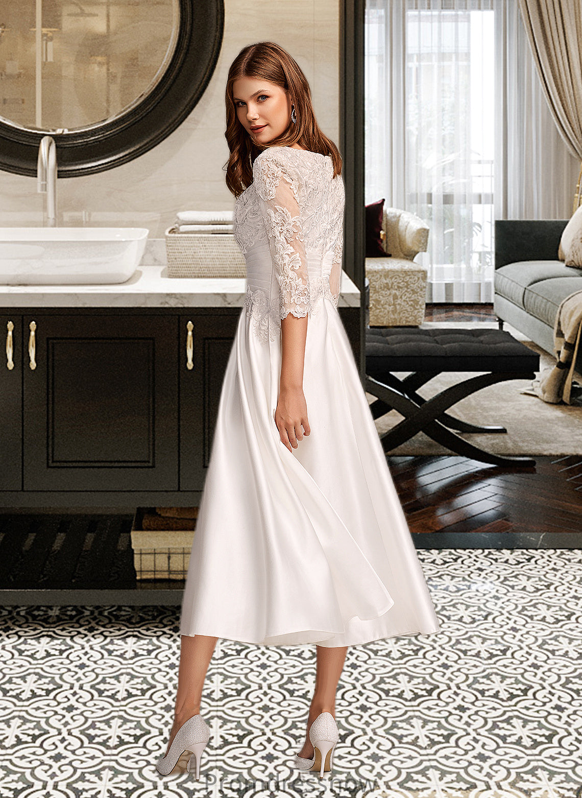 Azaria A-Line Scoop Neck Tea-Length Wedding Dress With Pockets HPP0013723