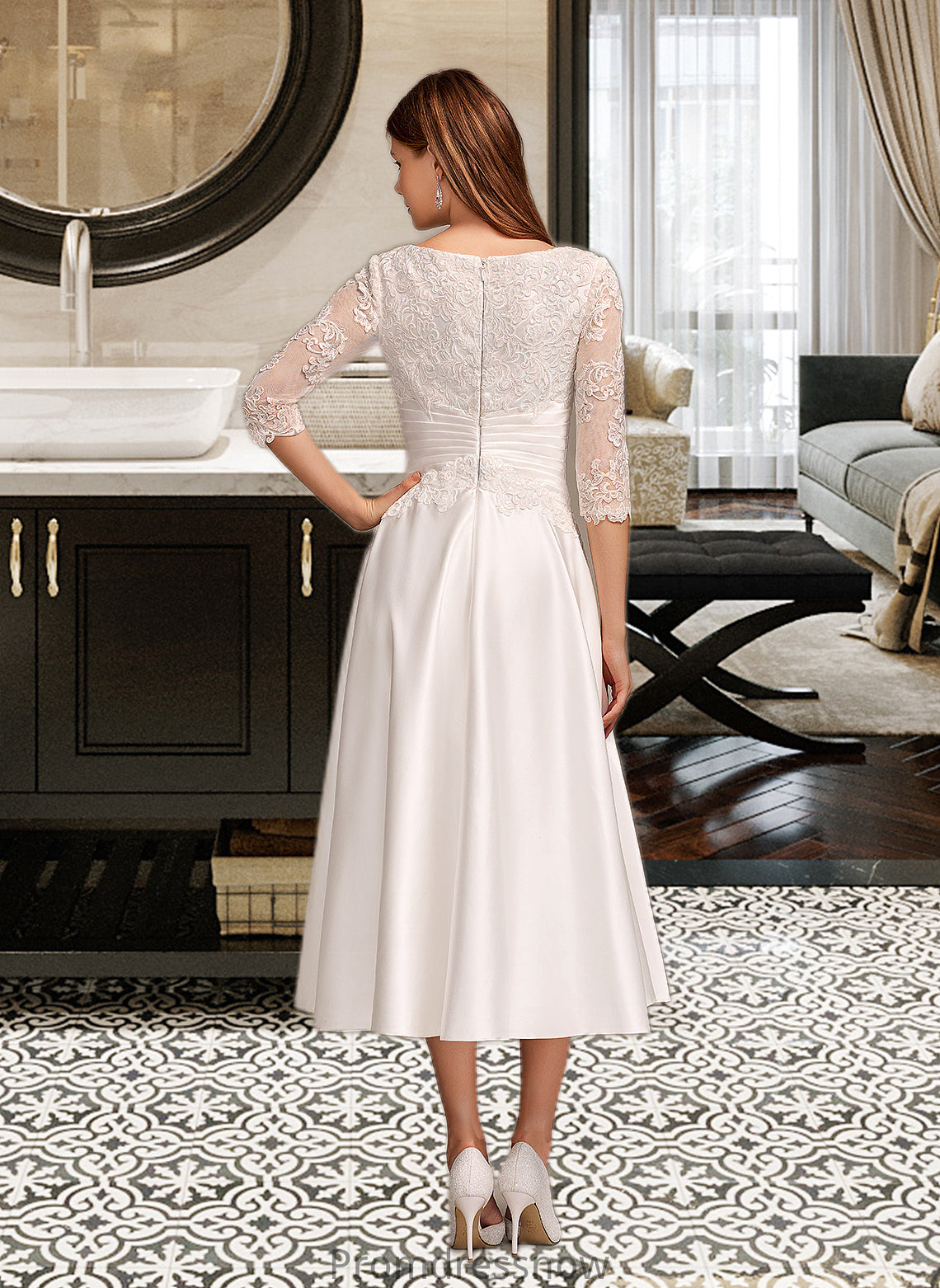 Azaria A-Line Scoop Neck Tea-Length Wedding Dress With Pockets HPP0013723